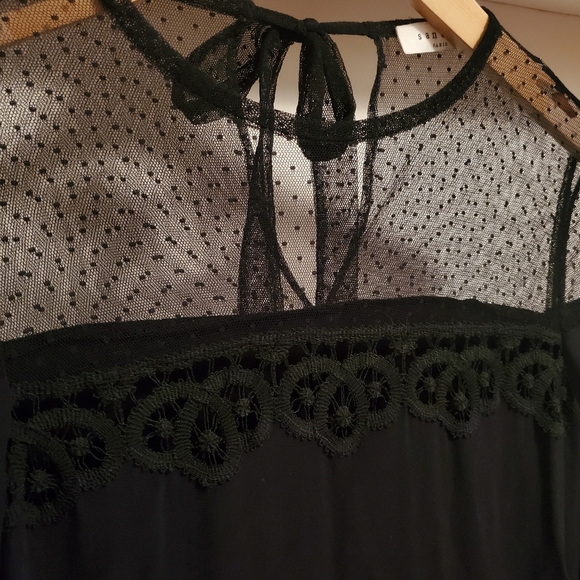 Sandro Paris black dress. Mesh and crochet parts. 3/4 sleeves. Size 1 (4 US). - Picture 3 of 12